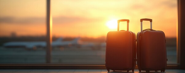 Twin luggage at sunset airport terminal photography warm golden hour side view travel concept