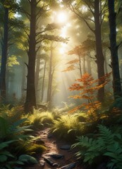 Obraz premium Filtered sunlight on forest undergrowth and leaves , filtered sunlight, understory