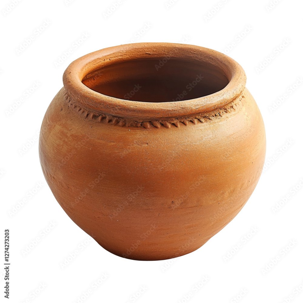 Poster traditional clay pot with round shape and textured rim, perfect for decorative or functional use. it