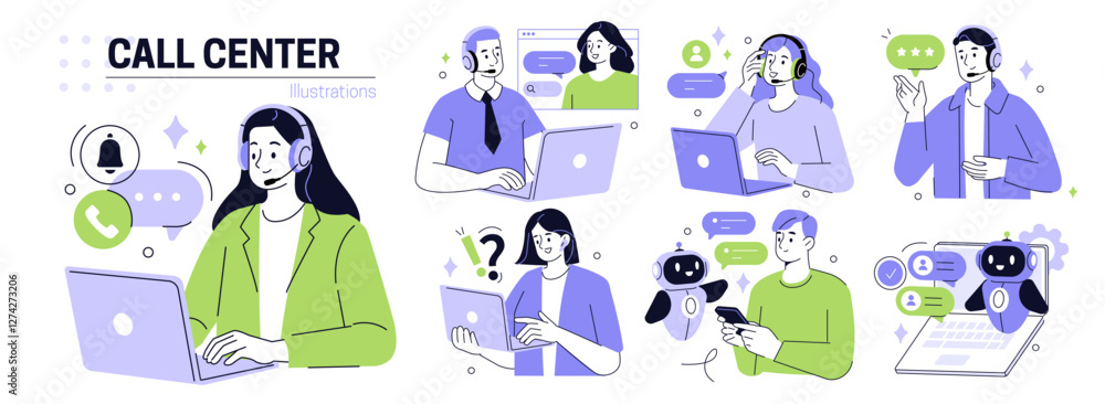Poster call center set. characters using artificial intelligence generative tools for communication. helpde