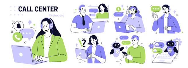 Call center set. Characters using artificial intelligence generative tools for communication. Helpdesk, hotline, customer support service concept. Vector illustration.