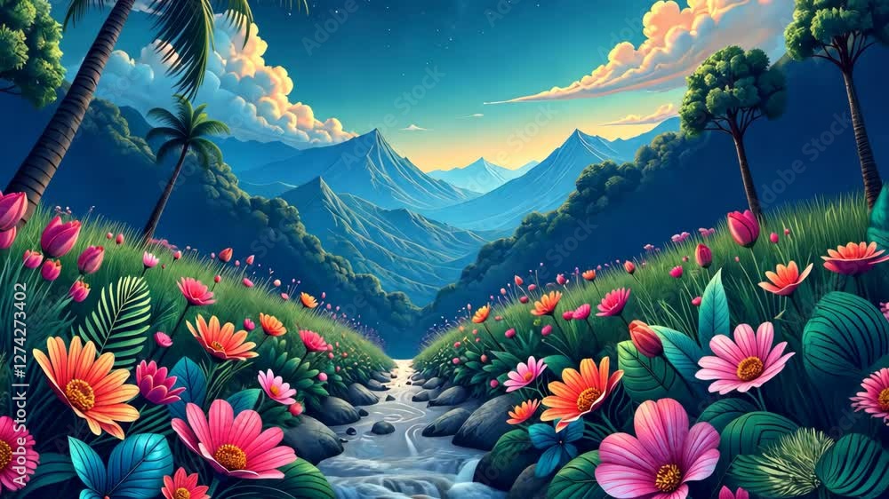Poster a beautiful landscape with a large moon in the sky. the moon is surrounded by stars. the sky is blue