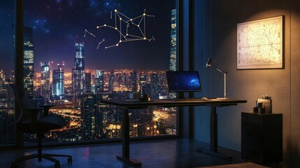 Night cityscape view from modern home office with standing desk.