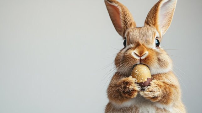 Rabbit sitting on grass eating a piece of bread with a natural background