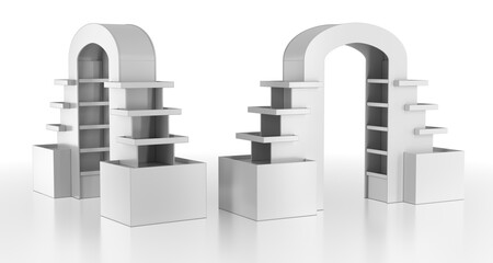 Retail POS cardboard step arch displays with cube pedestals. Trade show booth. 3d illustration on white background © Wire_man