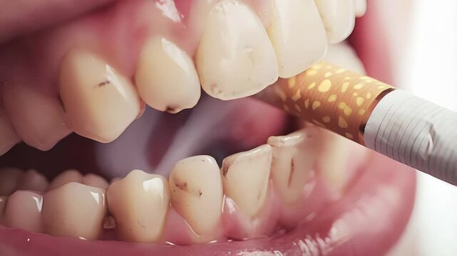 Toxic cigarette smoke billowing from mouth, progressively yellowing teeth and damaging delicate lip tissue, revealing harmful smoking consequences