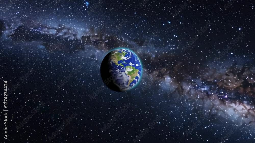 Poster rotating planetary globe spinning against starry cosmic background, revealing milky way galaxy expan