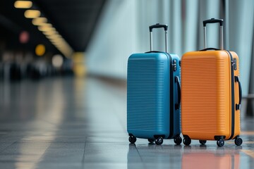 Vibrant suitcases in warm evening light airport terminal luggage display evening ambiance perspective from arrival hall
