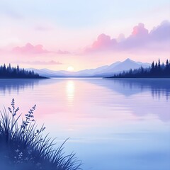 "Tranquil Lake at Sunset with Mountain Reflection"