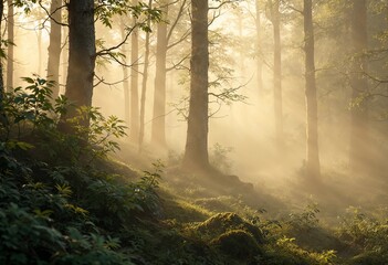 Obraz premium Mysterious Morning Light Filters Through a Tranquil Forest Landscape. Generative AI