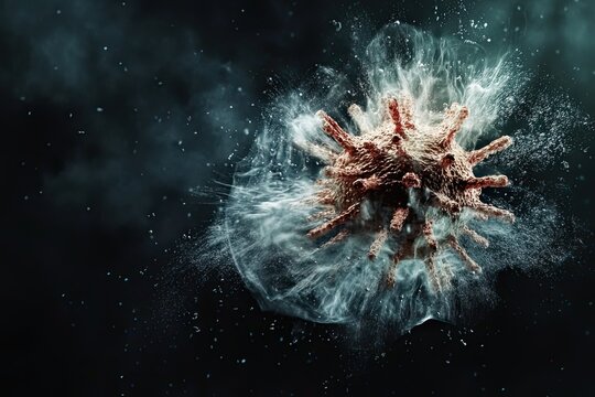 a virus cell, breaking apart .