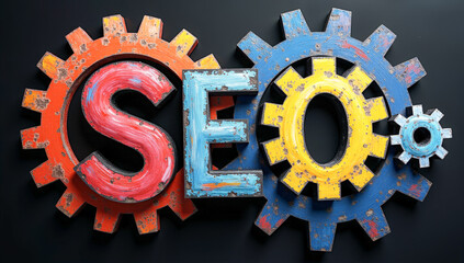 gears on a black wall with the inscription SEO in colored pencils