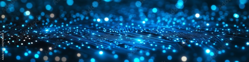 Poster blue circuit board with glowing lines and bokeh effect, abstract technology and data background