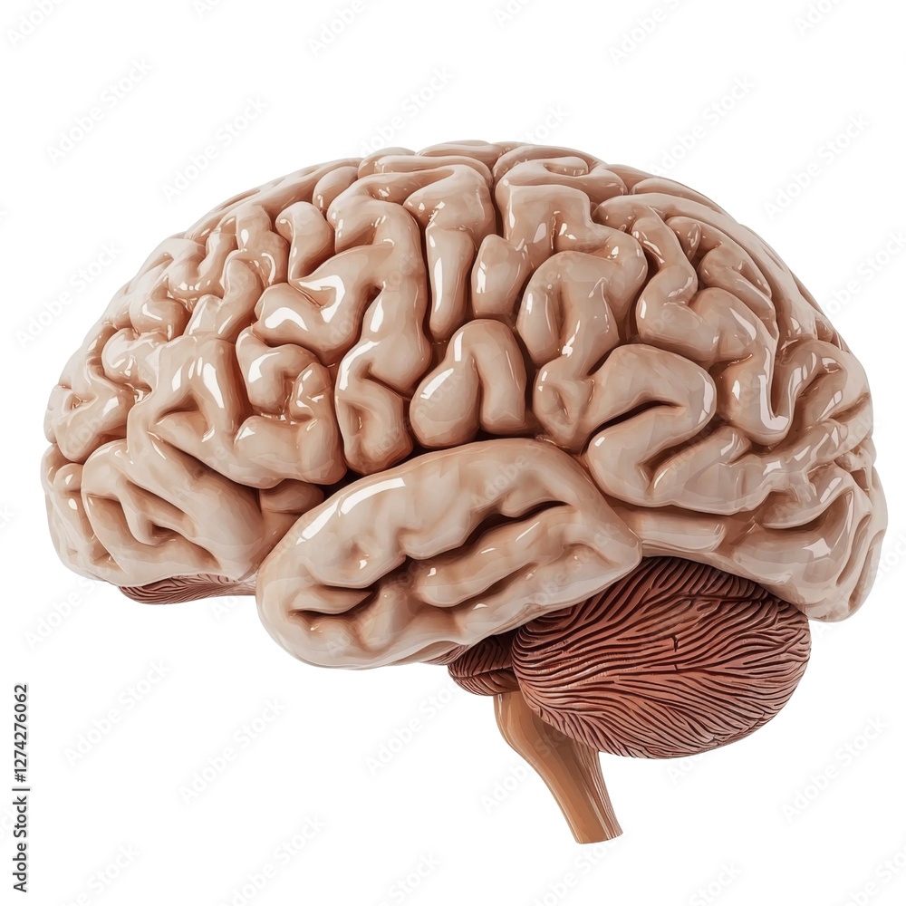 Poster Anatomical model of human brain showcasing detailed structure and texture. This realistic representation highlights complexity of brain surface and internal features, emphasizing its importance