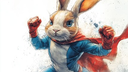 Rabbit dressed in superhero costume with cape and mask in outdoor setting