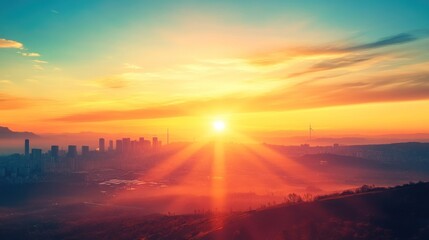 Obraz premium Vibrant sunrise over misty city skyline.