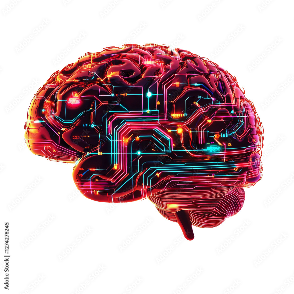 Poster digital brain with colorful circuits, symbolizing technology and innovation. intricate design showcases fusion of biology and technology, evoking sense of futuristic advancement