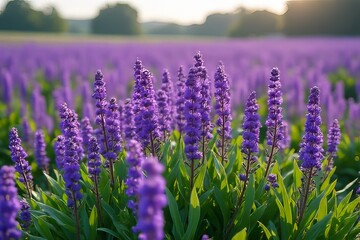 Naklejka premium Vibrant Purple Flowers Blooming in a Field - A Stunning Display of Nature's Beauty