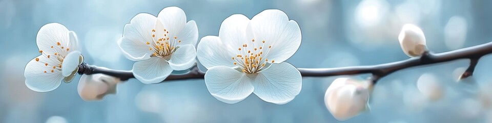 Delicate White Spring Blossom Branch, Floral Nature Background, Soft Pastel Watercolor Style
