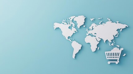 Whiteonwhite abstract world map with shopping cart icons, global ecommerce reach