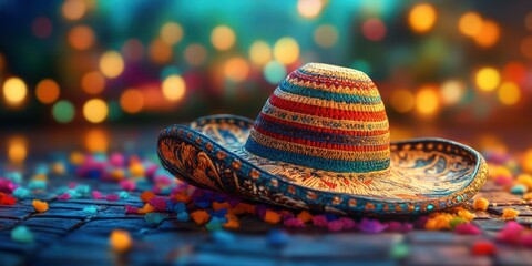 Colorful sombrero resting on a wooden surface surrounded by vibrant confetti and festive lights during a celebration