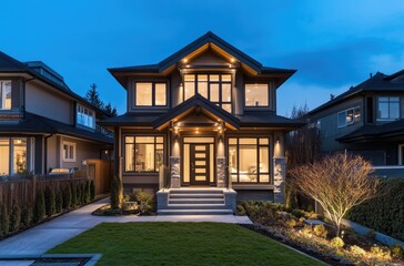 A beautiful house in the city of Vancouver, with bright lights on the front and sides of the home, showcasing modern windows with brown frames