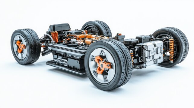 Exposed chassis of an electric vehicle with visible battery, engine, and suspension system.