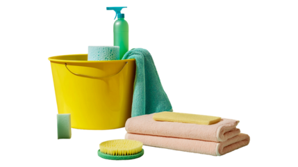 A yellow bucket filled with cleaning supplies, sponges, and rags, a blue broom, and a spray bottle, isolated on a transparent background.