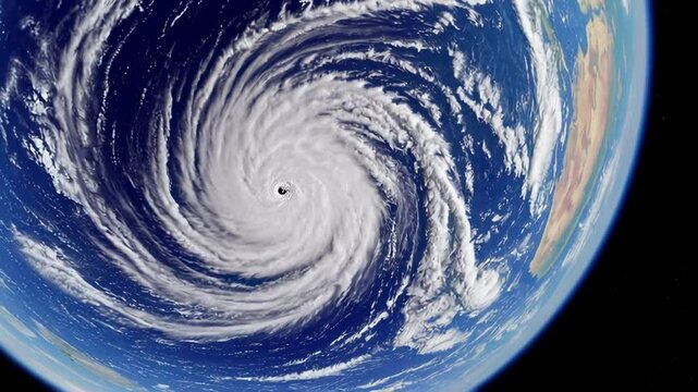 Massive hurricane swirling with intense energy, rotating counterclockwise against earth's blue surface, revealing powerful atmospheric dynamics viewed from satellite perspective