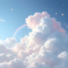 "Dreamy Clouds with a Rainbow in a Blue Sky"