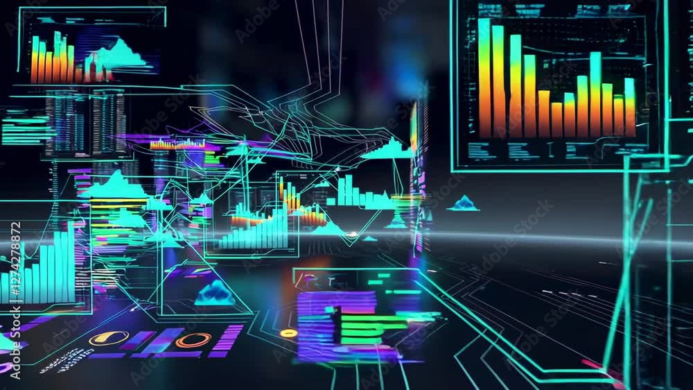 Poster complex financial data streams across holographic displays, visualizing market trends and investment