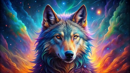 A serious cosmic colorful wolf