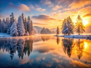 Serene Cauma Lake, Swiss Alps, reflects a winter sunrise, frosted landscape gleaming peacefully.