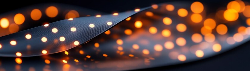 Obraz premium The image features a close-up of a flowing ribbon adorned with glowing orange lights against a dark background, creating a warm, festive ambiance.