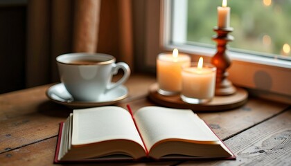 Naklejka premium Open Bible with Coffee and Candle, Christian Devotional Setting