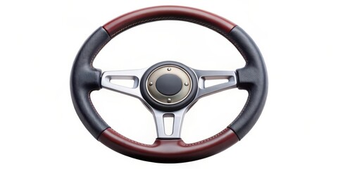 Wooden and Leather Steering Wheel on White Background