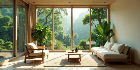 Obraz premium Serene minimalist living space with expansive jungle views through large windows, featuring light wood furniture and lush potted plants