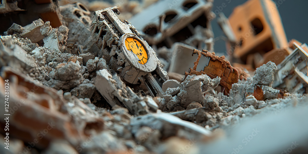 Poster damaged metallic object in concrete rubble