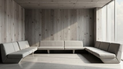 Modern minimalist waiting area with light gray sectional sofa against a wood paneled wall and large window