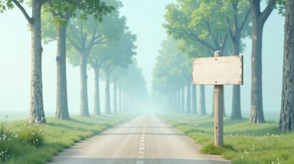 Blank Wooden Signpost on a Misty Road Lined with Trees