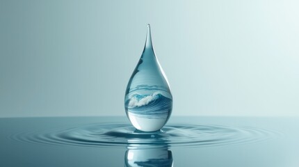 Fototapeta premium Water Droplet Reflecting Ocean Waves on a Serene Surface
