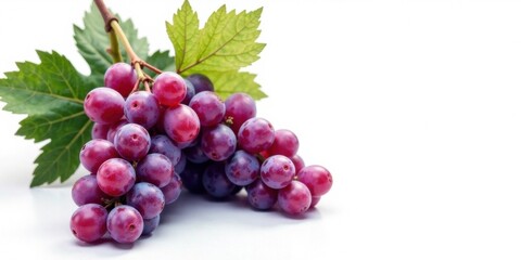 Fototapeta premium A Fresh Bunch of Vibrant Red Grapes with Lush Green Leaves Isolated on a White Background