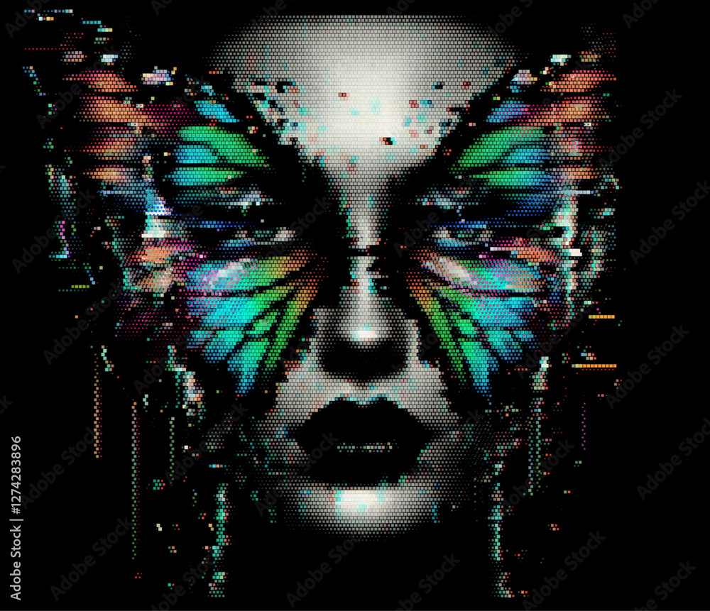 Aufkleber Digital artwork depicting an abstract human face with butterfly-shaped patterns around the eyes. The design uses vibrant colors and pixelated effects, creating a surreal and artistic look.