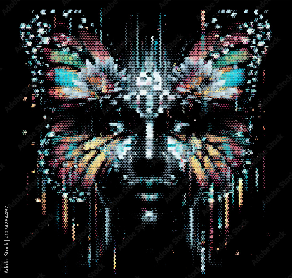 Aufkleber Digital artwork depicting an abstract human face with butterfly-shaped patterns around the eyes. The design uses vibrant colors and pixelated effects, creating a surreal and artistic look.