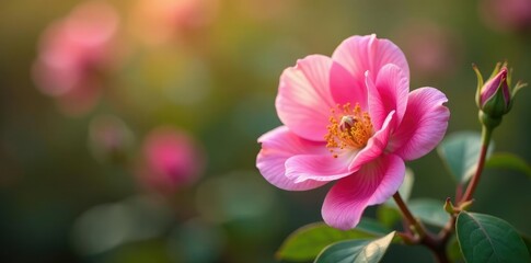 Obraz premium Delicate pink rosehip flower blooms in early spring, blossom, garden