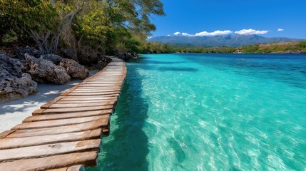 Fototapeta premium Explore a serene tropical island with a wooden pier stretching over crystal-clear waters under a bright blue sky