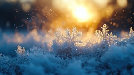 Fototapeta premium Snowflakes at sunset. Winter wonderland. Closeup. Stock photo