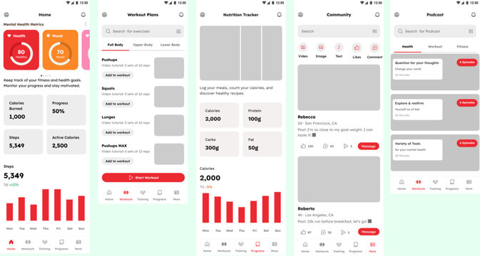Mental Health, Fitness, Steps, Workout, Diet, Wellness, Nutrition & Exercise App UI Kit Template