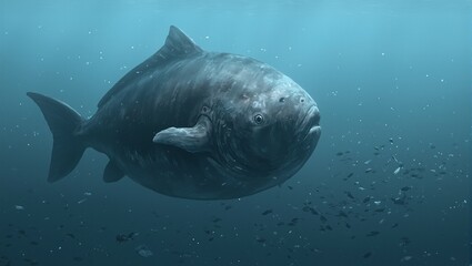 Naklejka premium Giant ocean sunfish drifting with small fish and sea birds