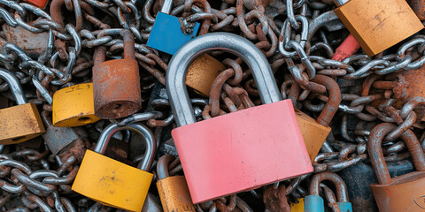 Pile of Padlocks and Rusted Chains